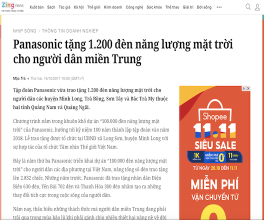 Panasonic tặng 1.200 đèn năng lượng mặt trời cho người dân miền Trung